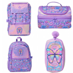 Smiggle suure mahutavusega kahe pandlaga kullerkotist seljakott koolilastele, &otilde;pilastele, vabaaja, uus Purple laser face butterfly wallet