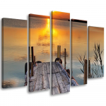 Viieosalise pildiga l&otilde;uenditr&uuml;kk Sunset Footbridge Lake Nature 100x70 oranž