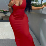 &Uuml;hev&auml;rviline V-kaelusega varrukateta kehasse liibuv kleit kevad- ja suveks, naiste riided XL punane