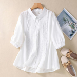 5-v&auml;rvilise tikandiga lilledega kolmveerandvarrukatega puuvillane ja linane s&auml;rk naistele, vabaaja suvine kirjanduslik retro rev&auml;&auml;riga s&auml;rk XXL valge