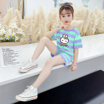 Laste &uuml;likond suvine &otilde;huke roosa triibuline t&uuml;drukute 3D-printimine korea komplekt &otilde;pilaste vabaaja l&uuml;hikesed p&uuml;ksid, kaheosaline komplekt 160 roheline