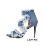 Harjatud teksakangas Sinine naiste suvekingad avatud ninaga 9,5 cm 7 cm k&otilde;rge kontsaga Gladiaatorid, suur suurus 44 45 46 Naiste sandaalid 34