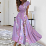 Naiste pikk kleit Maxi kleit vabaaja kleit Sifonki kleidid Swing kleit &uuml;hev&auml;rviline vabaaja t&auml;iskasvanud &otilde;ues igap&auml;evane kohting Voldis l&uuml;hikeste varrukatega V-kaelusega kleit S lilla