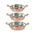 K&auml;sitsi valmistatud vasest pann, 3-osaline vaskpanni ja pannikomplekt, vasest omletipann, vasest munapann