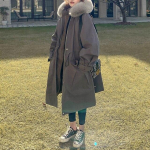 Naiste talvine puuvillane polsterdatud jope pehme ja paksendatud polsterdatud pika parkjakiga Kunstkarusnahast kapuutsiga jope L hall v&auml;rv