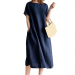 Naiste lai puuvillane kleit suvine vabaaja pluss suuruses midi kleit &uuml;mara kaelusega L tumesinine v&auml;rv