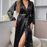 Elegantne pluss suuruses j&auml;&auml;siidist pikkade varrukatega hommikumantel paeltega ja tr&uuml;kimustriga 3XL