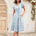 Naiste suvine mood V-kaelusega volangvarrukatega retro elegantne midi kleit L