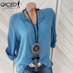 QICED Naiste mood vabaaja &uuml;hev&auml;rvilise tr&uuml;kiga pikkade varrukatega POLO kaelusega pluusid ja s&auml;rgid S