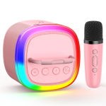 Mini Karaoke masin lastele, Kaasaskantav Bluetooth Karaoke k&otilde;lar, Toiteallikata korpused 1 juhtmevaba mikrofoniga ja peovalgustega t&auml;iskasvanutele(Roosa)