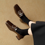 Naiste Mood Madala Kontsaga Mokassiinid Ruudukujulise Ninaga Paksu Kontsaga Kingad Disainerbr&auml;nd Nahk 2025 Uued Retro Moekad Kleidikingad Zapatillas Mujer 40 must