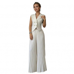 Naiste 2-osalised vestikomplektid Varrukateta Nuppudega L&uuml;hike Bleiser-vest Ja Laiad Volditud P&uuml;ksid Vabaaja &Auml;rikomplektid S valge