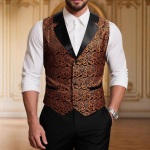 Meeste Must-Kuldne Paisley Jacquard &Uuml;likonna Vest Sat&auml;&auml;nist Rev&auml;&auml;riga Formaalne Vest Pulmadeks ja Pidudeks S pruun