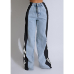 Suvine Mood &Uuml;hendatud Kolme Triibuga Lai Jalg Denim P&uuml;ksid Naiste Uued Vabaaja K&otilde;rge V&ouml;&ouml;koht Elastsed Sirged P&uuml;ksid S gray