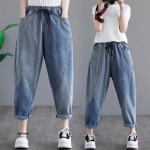 Denimist lappidest kokku &otilde;mmeldud &uuml;heksa-k&uuml;mnendik pikkusega haaremp&uuml;ksid naistele, haaremi stiilis, pluss suuruses teksad, Harajuku trend, laia l&otilde;ikega, pahkluuni pikkusega M