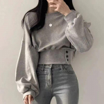S&uuml;gis Kevad Naiste &Uuml;hev&auml;rviline O-kaelusega Slim Crop Top Laternvarrukatega ja N&ouml;&ouml;pidega Sweat Vabaaja Hip-Hop Sportlik Pullover Magus T&auml;navamood M tumehall v&auml;rv