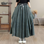 Suur Suurus Kevad Suvi Naiste Lai Jalgtega Teksap&uuml;ksid K&otilde;rge V&ouml;&ouml;koht Pingutusn&ouml;&ouml;riga &Uuml;le Size Kotakad Denim Culottes P&uuml;ksid Patchwork Stiilsed Naiste P&uuml;ksid XXL tumesinine v&auml;rv