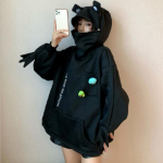 Kawaii Frog naiste k&otilde;rvadega kapuuts, talvine, suur lukuga, mustad dressipluusid, vabaaja 2021. aasta moodsad naiste alternatiivr&otilde;ivad S must