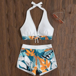 Naiste seksikad bikiinid suvine kaheosalise mustriga naiste ujumistrikoo Push Up p&auml;itsetega, &uuml;mbrisega, k&otilde;rge v&ouml;&ouml;kohaga ujumiskost&uuml;&uuml;m S valge