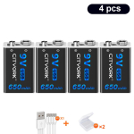 9 V USB laetav aku 9 V 1200 mAh 6F22 liitiumioonaku USB akud multimeetri metallidetektori elektrikitarri jaoks 4 PCS must