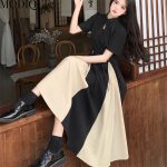 MODIQUE Summer Plus Size Uus pikk kleidis&auml;rk naiste lahtised Basics Vintage puuvillane A-joon kleit vabaaja massiivne naiste kleidid O-kaelusega l&uuml;hikeste varrukatega XL must