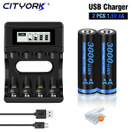 1,5 V AA taaslaetav liitium-ioon aku 3000 mWh laetav aku AA 1,5 V liitiumaku AA + LCD laadija 2 must