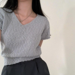 Suvine V-kaelusega kootud T-s&auml;rk Naiste tugevad &otilde;hukesed topid vabaaja s&auml;rk L&uuml;hikeste varrukatega T-s&auml;rk Korea top elegantne naiste 27293 One Size orion i v&auml;rv