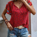 SOWOOLIFE naiste vintage Bohemia vabaaja lillemustriga l&uuml;hikeste varrukatega V-kaelusega lahtised pluusid ja s&auml;rgid S punane