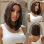 LOUIS FERRE L&uuml;hikesed pruunid Bob s&uuml;nteetilised parukad Keskmiselt eraldatud sirged pruunid parukad naistele Cosplay kuumakindlad v&otilde;ltsjuuksed