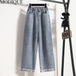 MODIQUE Spring Plus Size uued naiste lahtised vintage sirged k&otilde;rge v&ouml;&ouml;kohaga rulli servaga elastsed pikad teksad Naiste vabaaja mitmek&uuml;lgsed laiad p&uuml;ksid L sinine