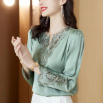 Naiselikkusega tikitud s&auml;rk 2023. aasta kevade ja s&uuml;gise uus moodne raskekaalu imitatsioon mooruspuu siidist V-kaelusega naiste pluus M heleroheline v&auml;rv