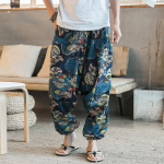 Puuvillased meeste lahtised kottis pikad p&uuml;ksid lillelise mustriga laia s&auml;&auml;rega Jaapani Hakama vabaaja vintage p&uuml;ksid S roheline