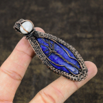 Natural Lapis Lazuli, Moonstone Gemstone Copper Wire Wrap Pendant 3.15 s6o44