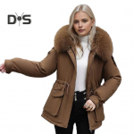 Talvine naiste puuvillane jope karvane kapuuts, paksendatud pl&uuml;&uuml;s pikkade varrukatega, elastsed v&ouml;&ouml;taskud lukuga suletav mantel keskmise pikkusega tuulekindel soe mantel M sinine