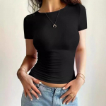 Naiste mood l&uuml;hike Slim Fit &uuml;mara kaelusega l&uuml;hikeste varrukatega T-s&auml;rk XS must