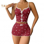 2 tk/komplekt Naiste Vest L&uuml;hikesed p&uuml;ksid &Uuml;likond Vibu S&uuml;dameprint Varrukateta V&ouml;&ouml;ga &uuml;laosa k&otilde;rge v&ouml;&ouml;kohaga l&uuml;hikesed p&uuml;ksid Koduriided Salongir&otilde;ivad Outfit Suvised magamisriided S veinipunane v&auml;rv