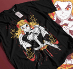 100% puuvillased TOPID UNISEX T-S&Auml;RGID MEESTELE NAISTELE Kyojuro Rengoku T-s&auml;rk Kimetsu no Yaiba Anime Demon Slayer Must s&auml;rk 521 L must