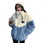 Naiste talvemantel Paks fliis V&auml;rviplokk Patchwork P&uuml;stkrae Kaitsmega kaelus N&ouml;&ouml;riga t&otilde;mmatav Lukuga kardigan Pikkade varrukatega K&uuml;lmakindel pealisr&otilde;ivas Kool M sinine