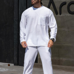 Men's solid-color loose round-neck breathable sports long-sleeved top XL valge