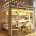 K&otilde;rgvoodi, 90x200 ja 140x200 cm, M&auml;nnipuit, Sahtlite ja Lauaga, Varustatud Pegboardi Kinnituss&uuml;steemiga, Sisaldab LED Valgusriba, Ilma Madratsita 205 x 151 x 170 cm