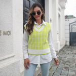 GMXIA naiste moe vabaaja ruuduline mustriga s&uuml;gistalvised varrukateta V-kaelusega silmkoelised vestid S lilla