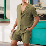 Suvine puuvillane linane s&auml;rgikomplekt Meeste vabaaja 2-osaline &otilde;ue&uuml;likond ja koduriided pidžaamad, mugavad hingavad rannakomplektid l&uuml;hikeste varrukatega L armee roheline v&auml;rv