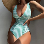 Triibuline &uuml;hes t&uuml;kis ujumistrikoo Vintage ujumisriided naiste V-kaelusega ujumiskost&uuml;&uuml;m naiste suvine rannariiete bodi L valge