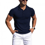 Uued suvised polo meeste Solid Stripe Fitness Elasticity l&uuml;hikeste varrukatega polos&auml;rgid meestele Fashion Stand Collar Meeste s&auml;rgid S tumesinine v&auml;rv