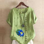 Naiste moodne &uuml;mara kaelusega l&uuml;hikeste varrukatega T-s&auml;rk vabaaja puuvillane linane graafiline s&auml;rk vaba aja lilledega prinditud suvepluusid S roosa