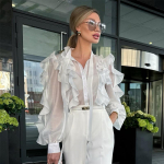 Elegantne valge volangidega p&uuml;stine krae Lantern varrukatega s&auml;rk Naiste temperament pluusid Moodne pendeldamine, vaba vabaaja s&auml;rk kevadsuvi S valge