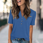 Naiste mood vabaaja &uuml;hev&auml;rviline V-kaelusega l&uuml;hikeste varrukatega n&ouml;&ouml;biga T-s&auml;rk S