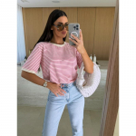 JKASHDK Naistemood vabaaja suve kevade triibulise tr&uuml;kiga l&uuml;hikeste varrukatega O-kaelusega pluusid ja s&auml;rgid S