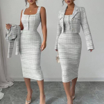 Naiste Kaheosaline Komplekt L&uuml;hike Bleiser Kehasse H&otilde;lmav Midi Kleit Tweed V&auml;limus Elegantne Kontori R&otilde;ivastus M white