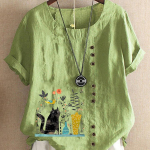 Naiste moe suvine &uuml;markaelus l&uuml;hikeste varrukatega T-s&auml;rk Vabaaja puuvillane linane graafiline s&auml;rk vaba aja lilledega, kassiga prinditud pluusiga topsid Suures suuruses 5XL valge